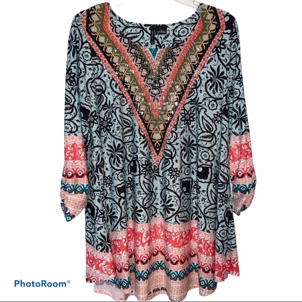 New Directions Multicolor Patterned Tunic Top
